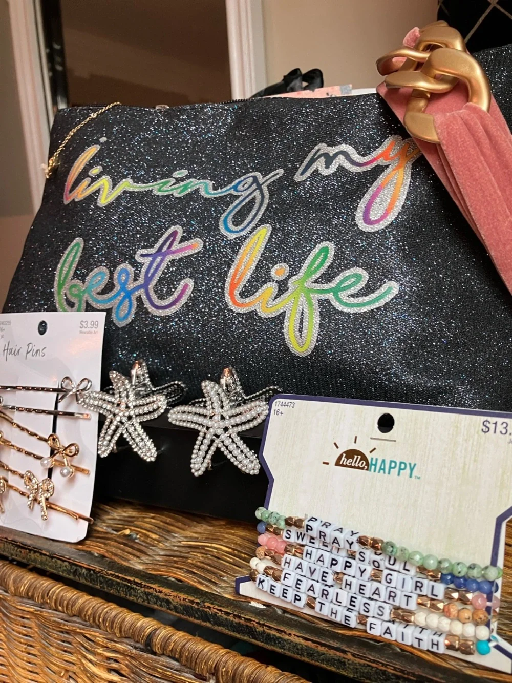 Glitter Black 'Living My Best Life' Cosmetic Pouch w/FREE- hair accessories&MORE